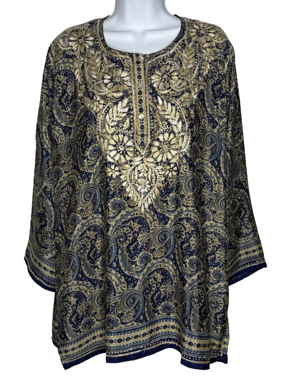 Cultural Elements Silk Blend Tunic Top Size XL Blue Beige Paisley Embroidered